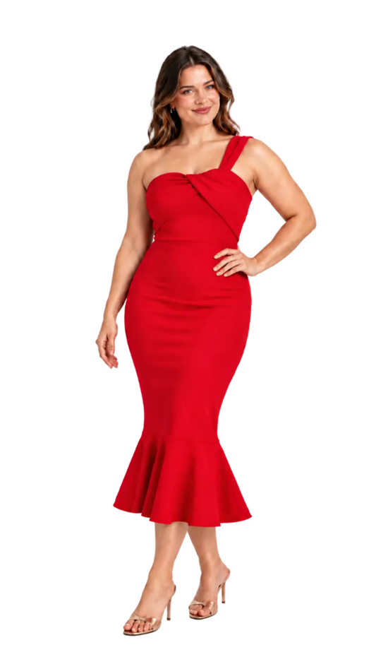 A woman modeling a bright red one-shoulder midi dress with a sweetheart neckline, ruched bodice, and flared mermaid hem, paired with clear high-heeled sandals against a plain white studio background.