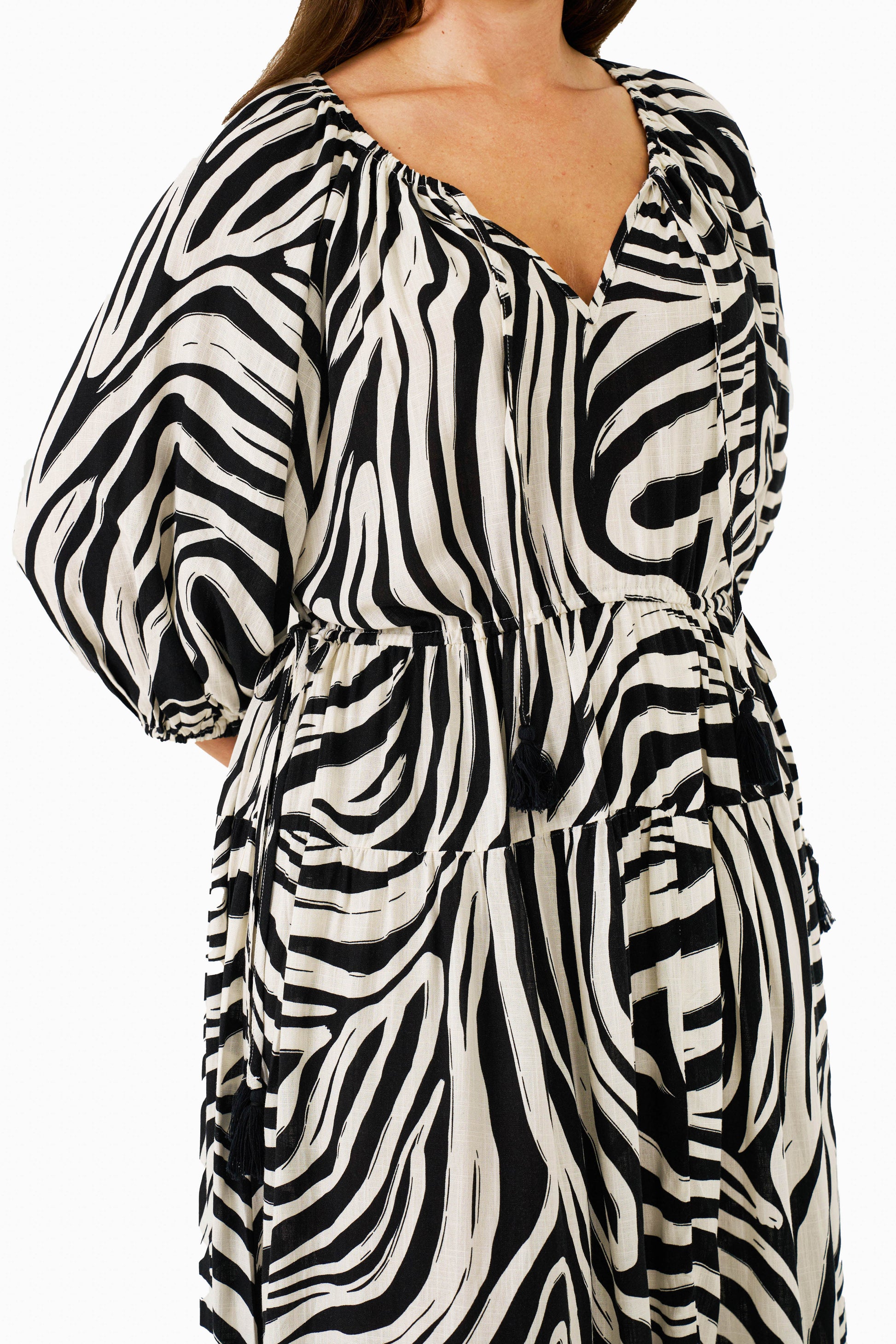 Close-up of zebra print fabric, V-neckline with tassel ties, and adjustable waist.