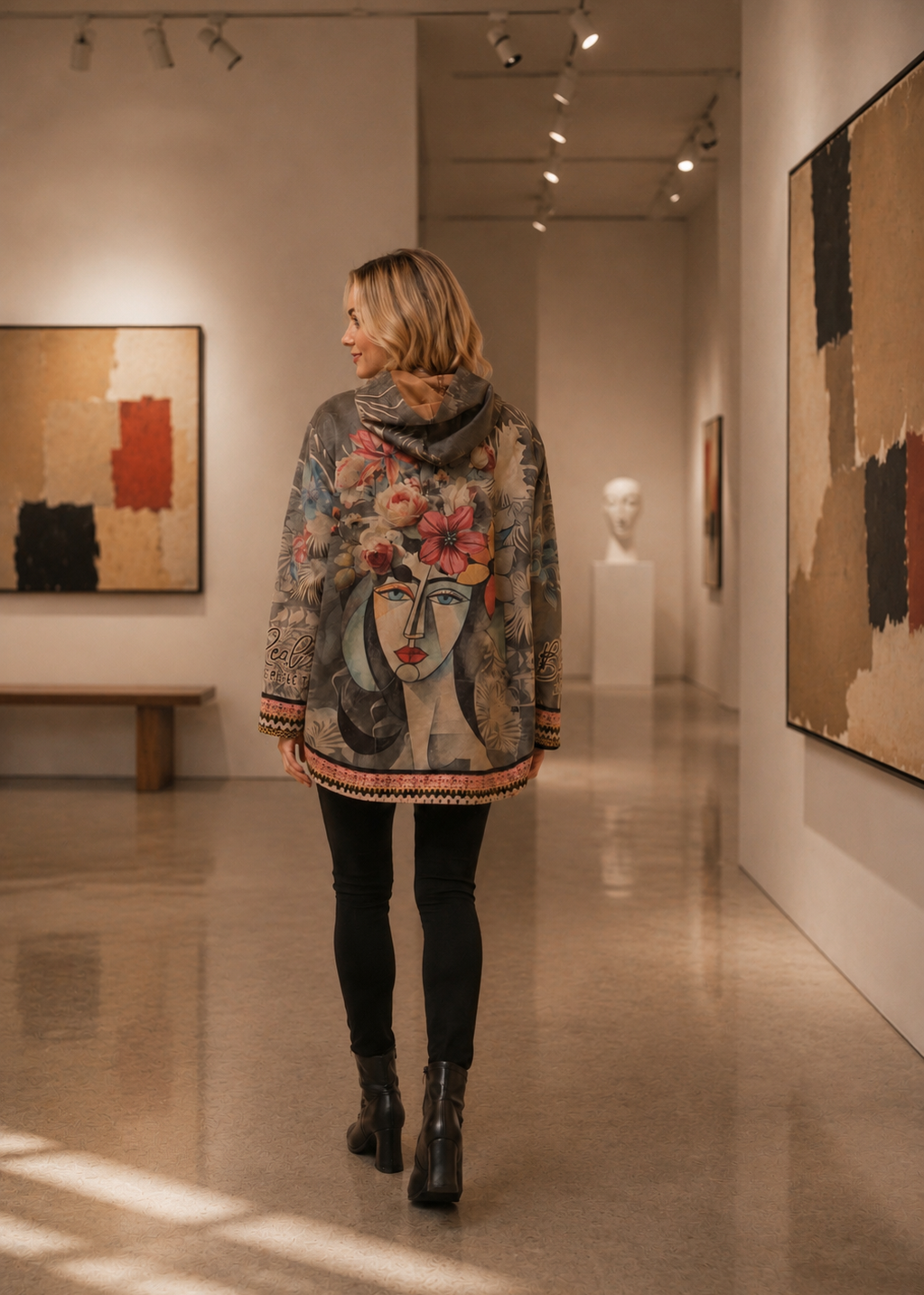 A woman viewed from behind walking down an art gallery corridor, wearing a hooded tunic-style jacket with a detailed floral and face illustration, black leggings, and black ankle boots.