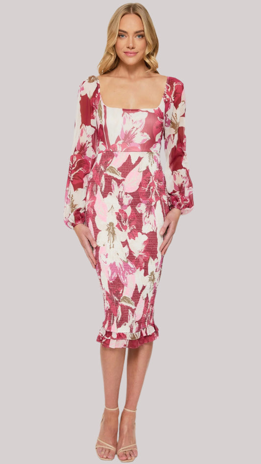 The Rosé Bloom Shirred Floral Midi Dress